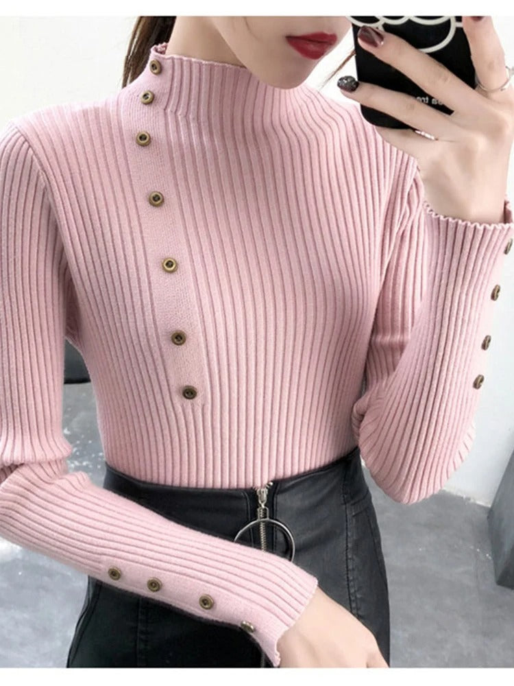 Sköldpaddshalsad pullover med hel ärm för kvinnor