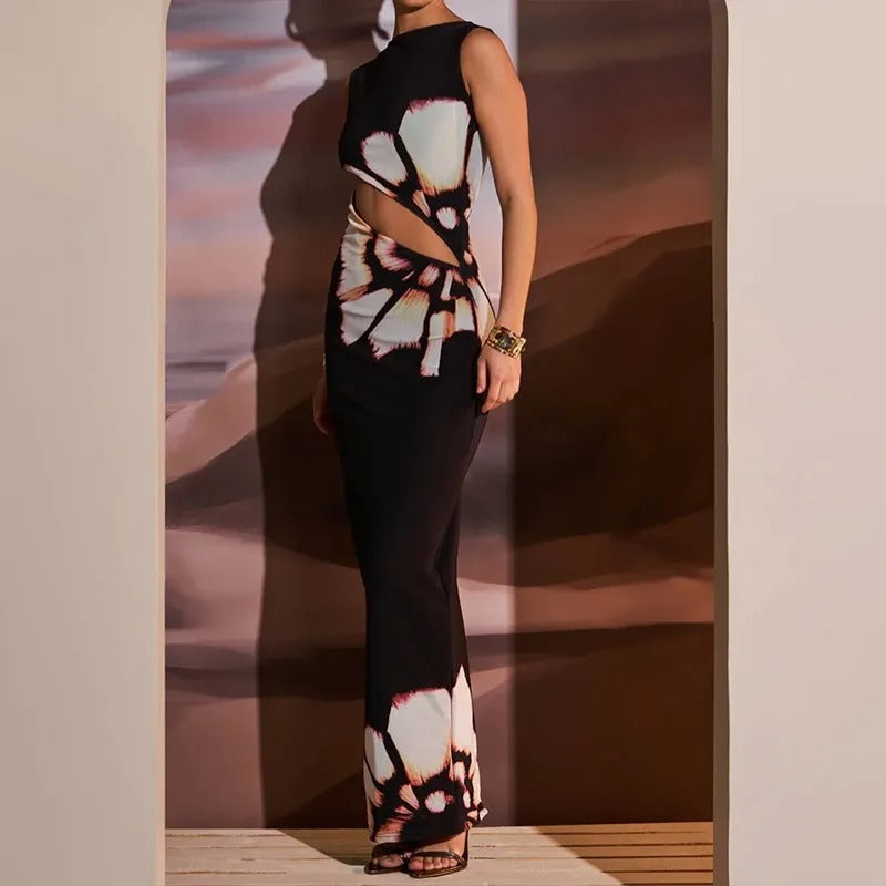 Ärmlös sommarklänning med ihålig tryck för kvinnor