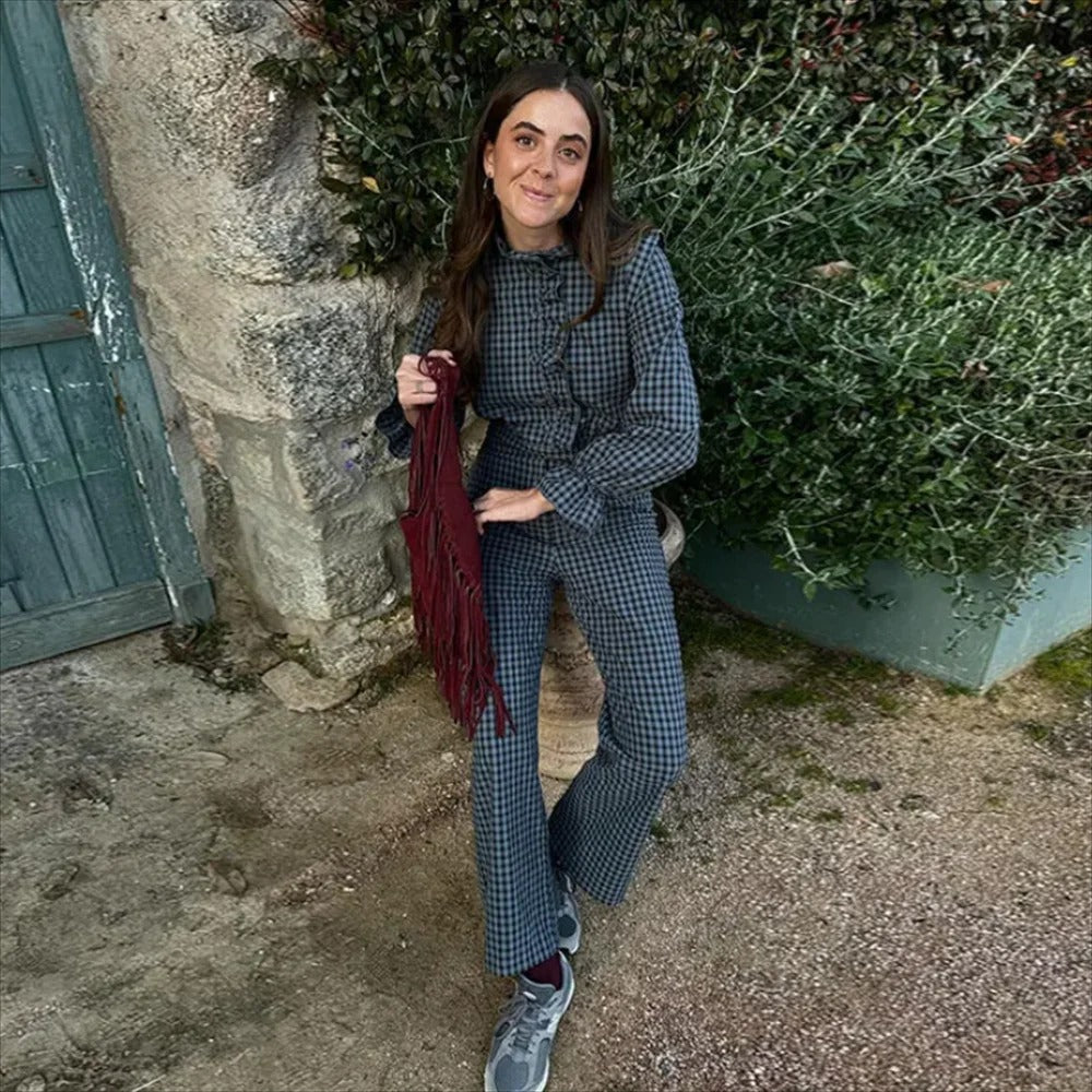 Bubbelärmad rutig jumpsuit för kvinnor