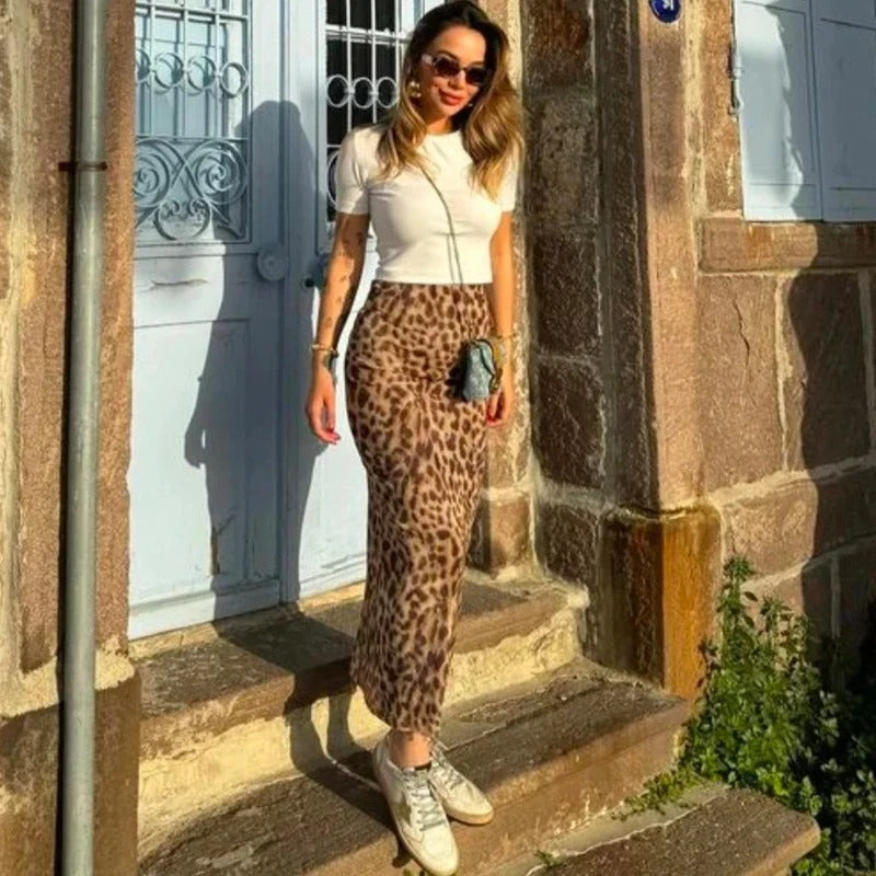 Lång kjol med leopardtryck för kvinnor