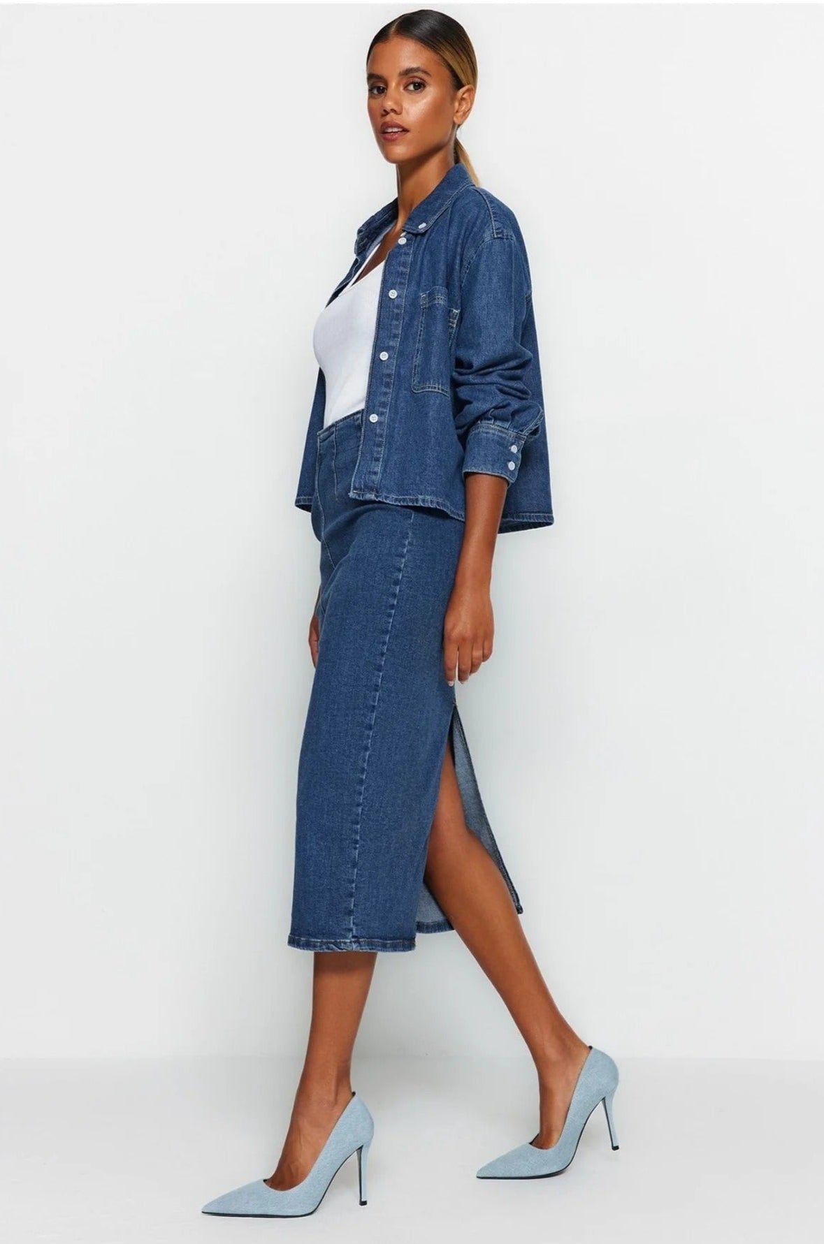 Midi Pencil Denim Kjol för kvinnor