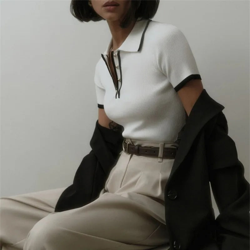 Kortärmad stickad topp för kvinnor