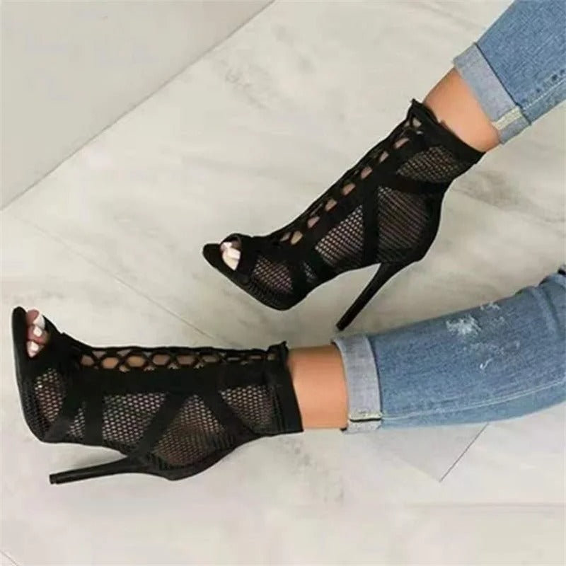 Damsandaler i mesh med Peep Toe-klack