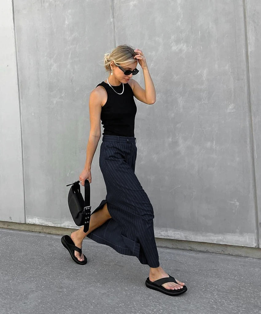 Randig twill rak kjol för kvinnor