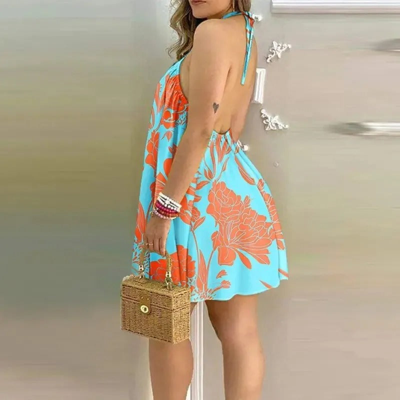 Tropical Print Halter Neck Backless Klänning