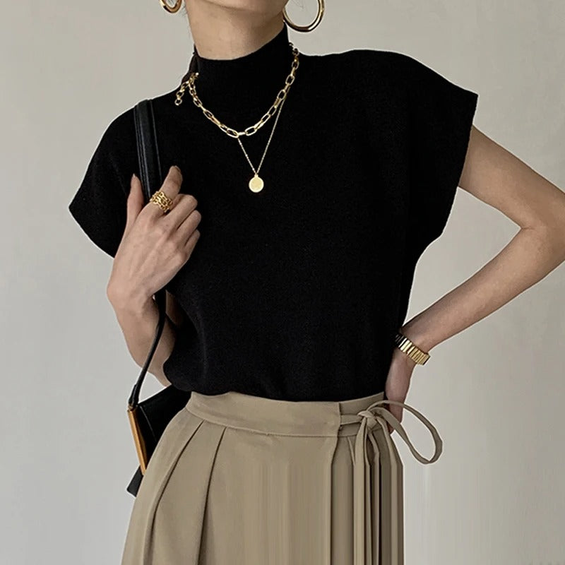 Kortärmad stickad topp med sköldpaddshals för kvinnor