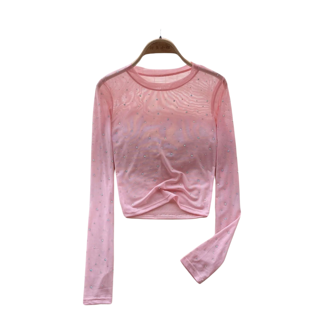 Rhinestone Mesh Långärmad Crop Top för kvinnor