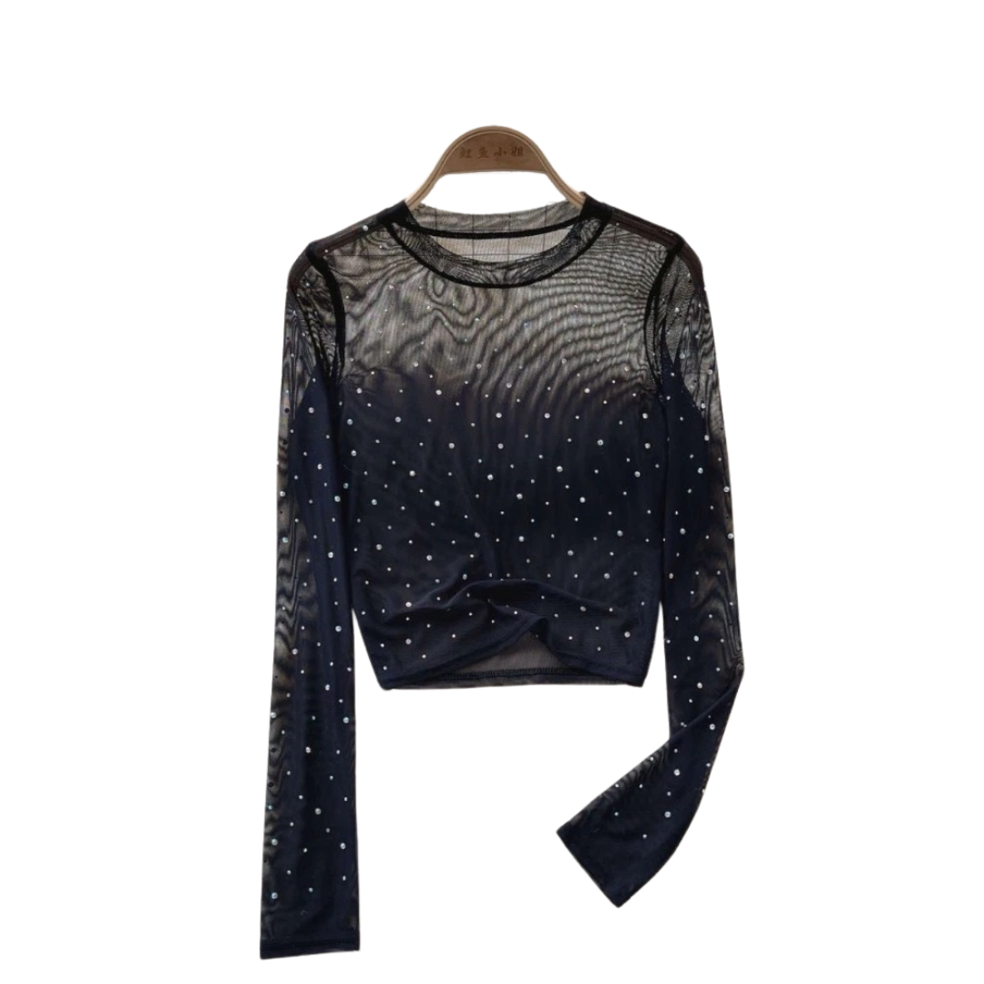 Rhinestone Mesh Långärmad Crop Top för kvinnor