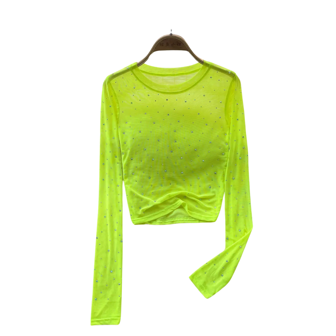 Rhinestone Mesh Långärmad Crop Top för kvinnor