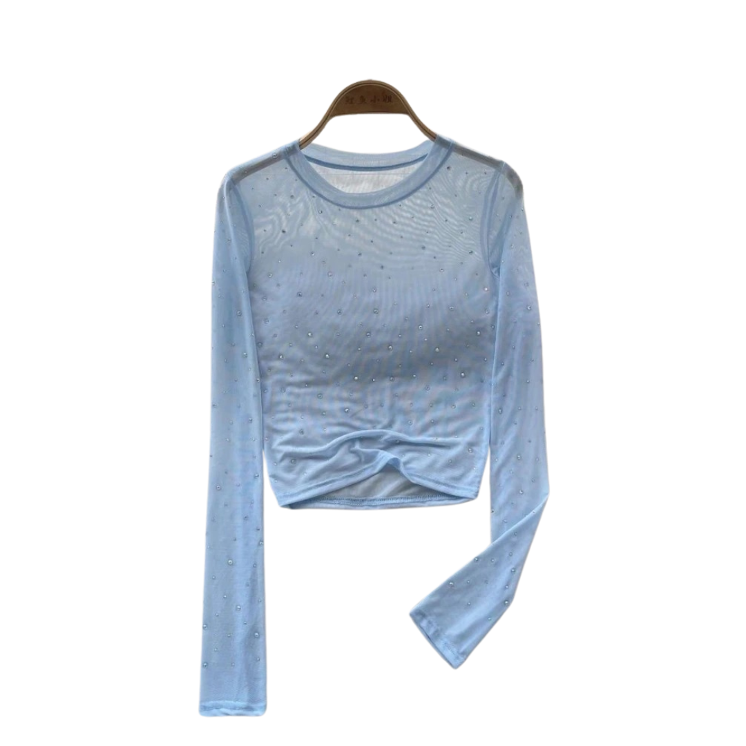 Rhinestone Mesh Långärmad Crop Top för kvinnor