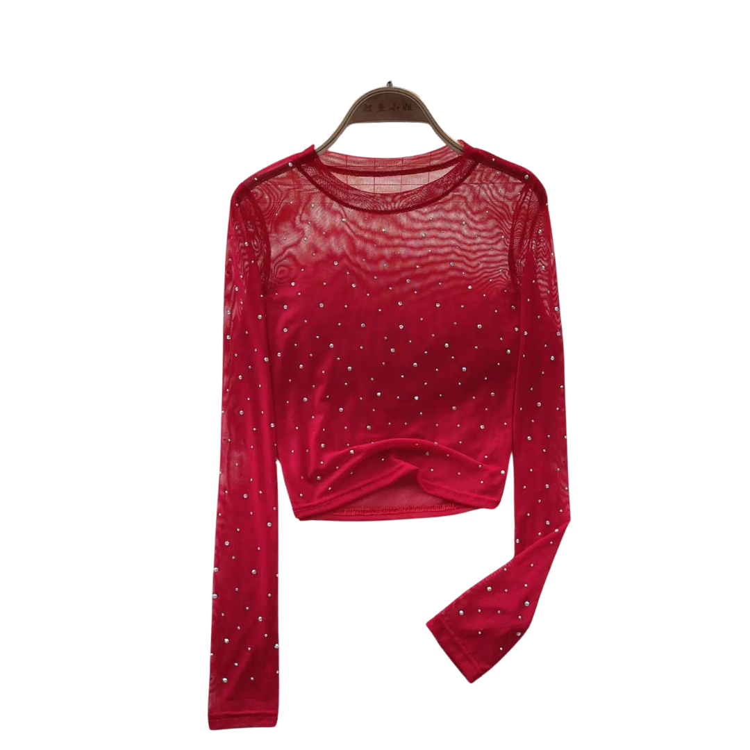 Rhinestone Mesh Långärmad Crop Top för kvinnor