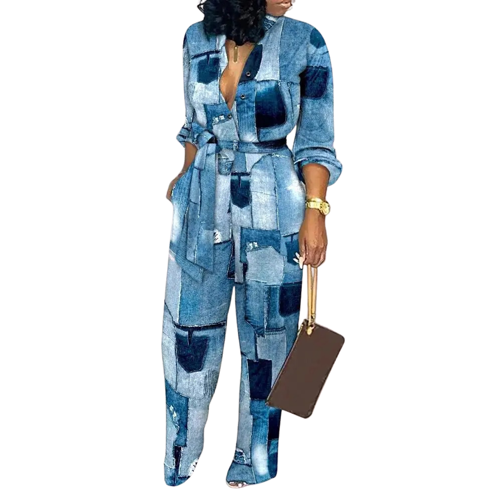 Jumpsuit med hög midja och V-hals med modetryck