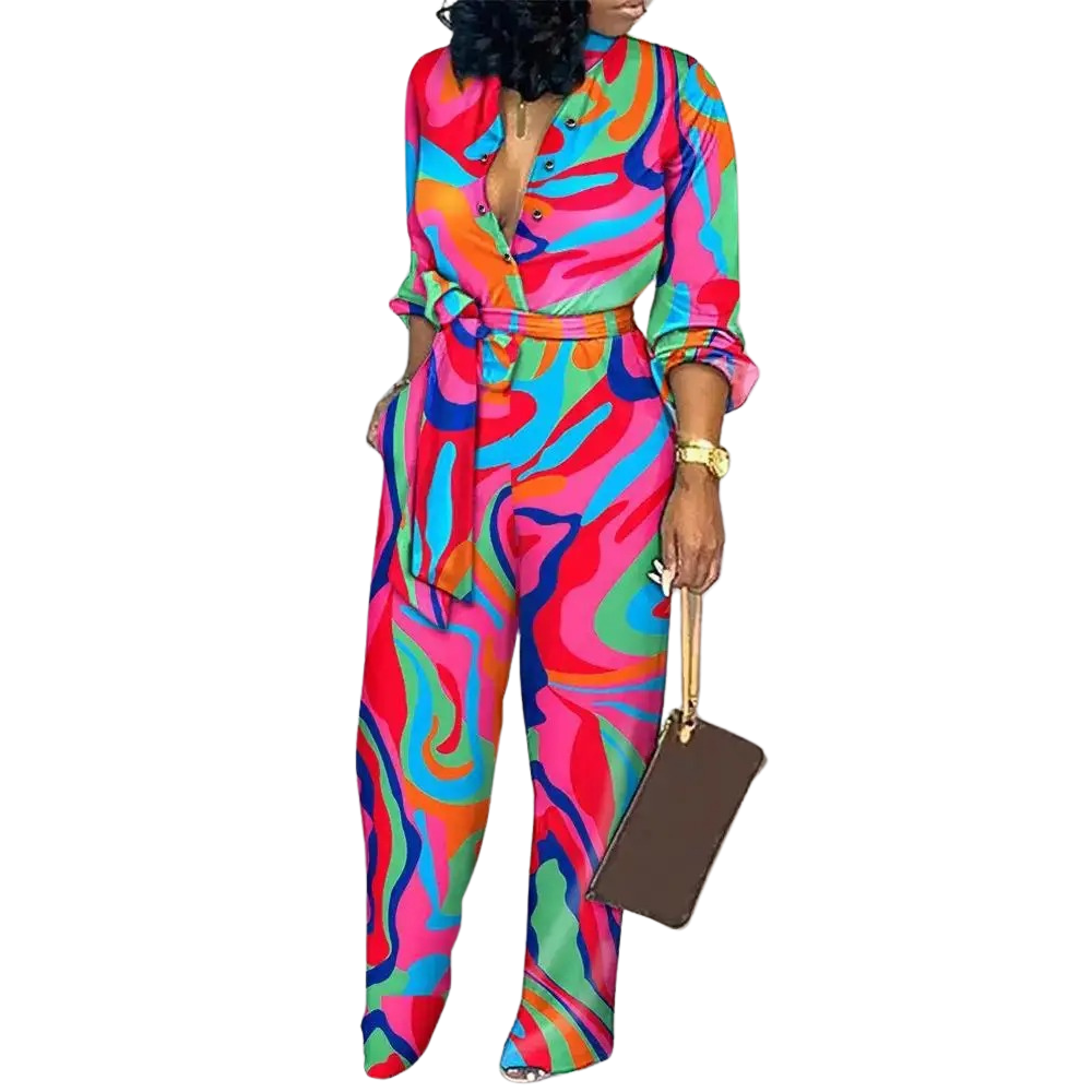 Jumpsuit med hög midja och V-hals med modetryck