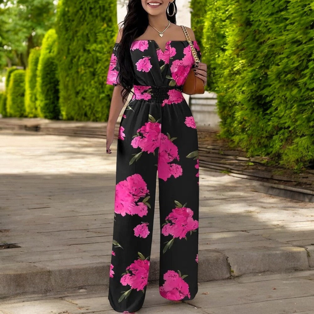 Mode Tryck Off-shoulder Smockad midja Jumpsuit