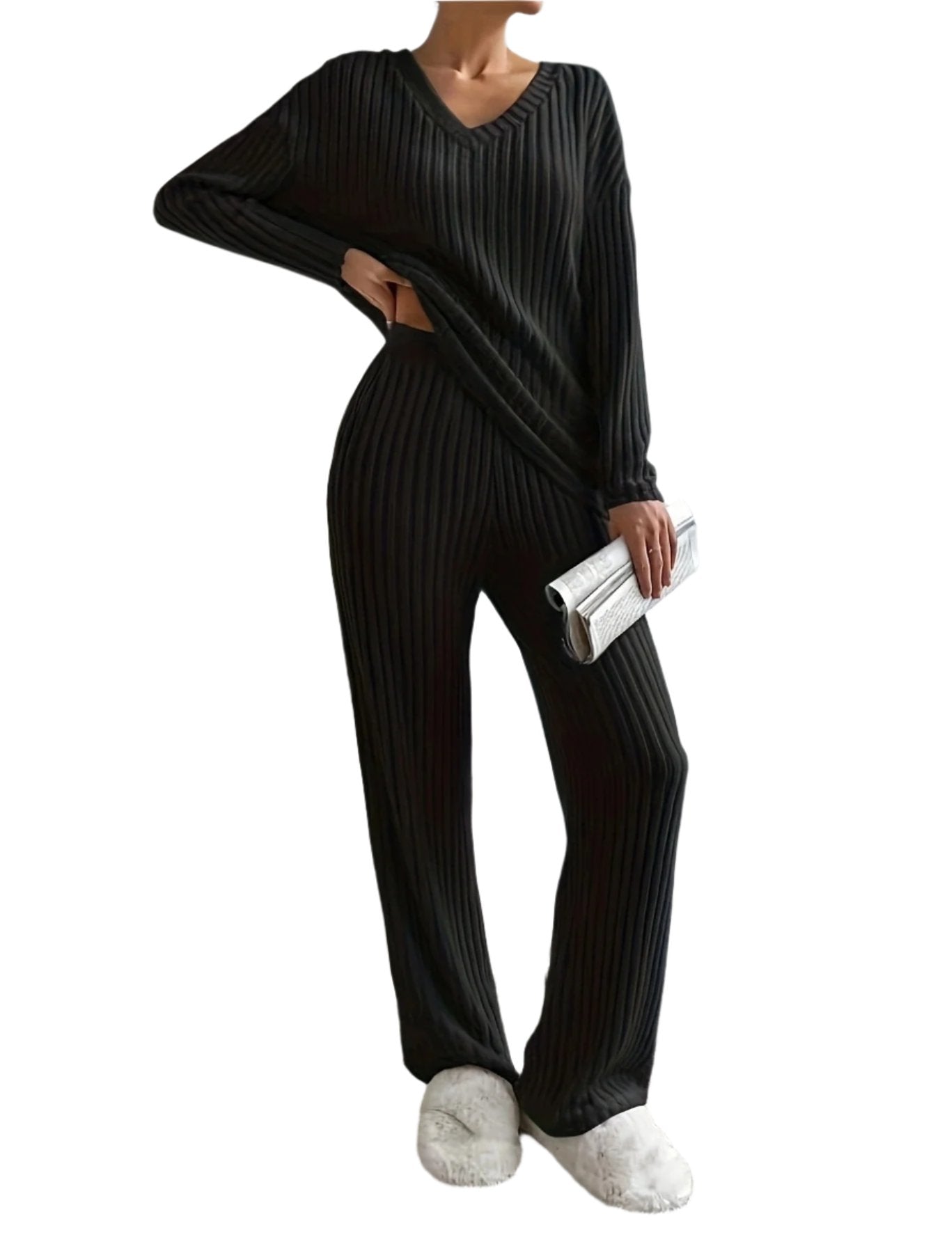 Mysig vinterstickad V-ringad tröja för kvinnor