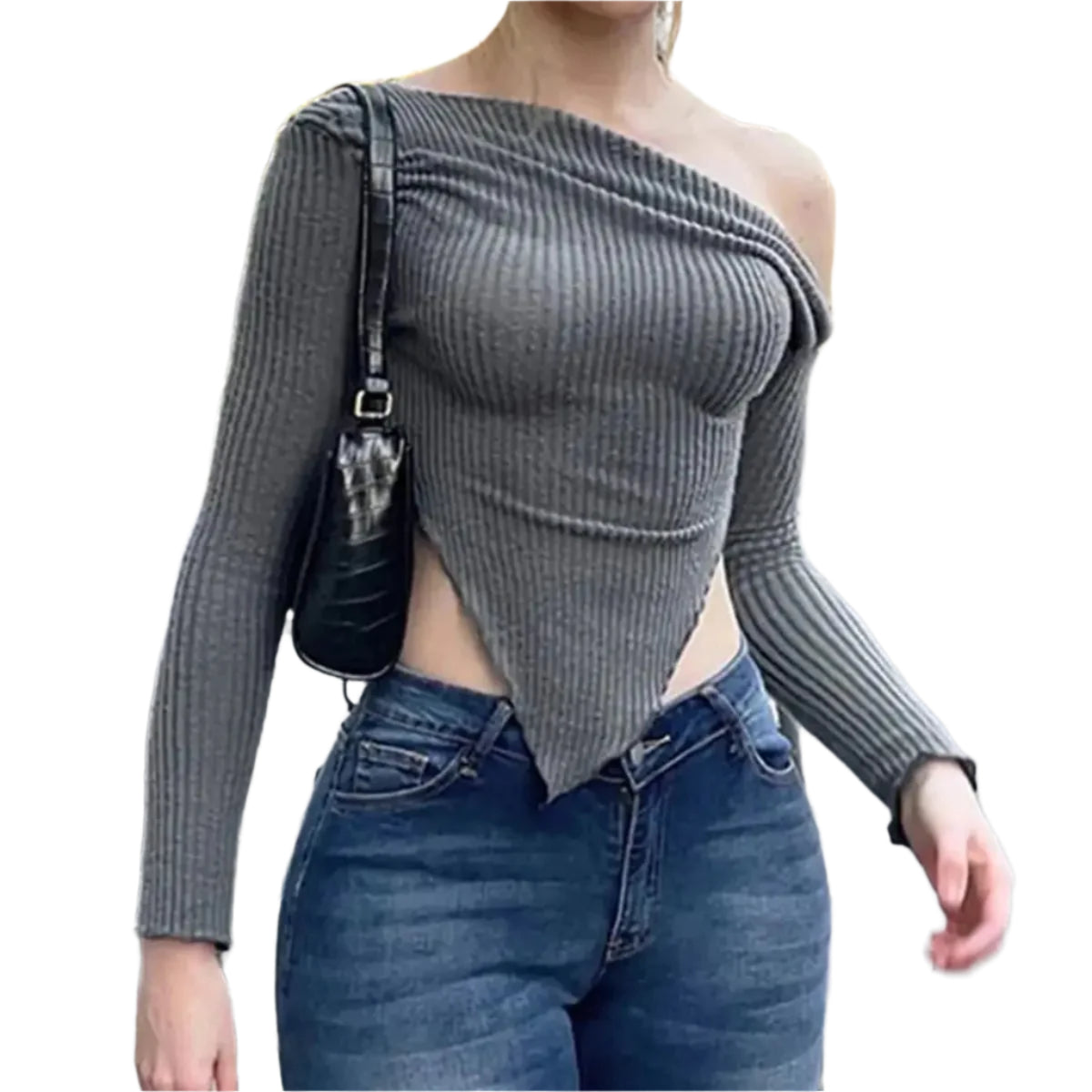 Asymmetrisk Hals Ribbad Casual Tröja