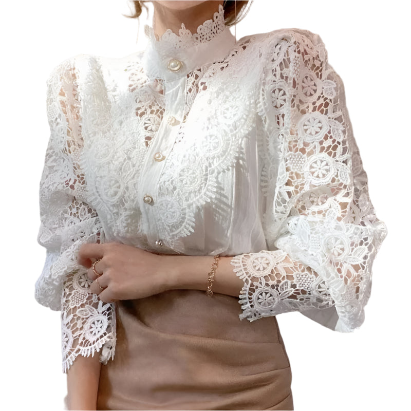 Blommig blus med ihålig spets för kvinnor