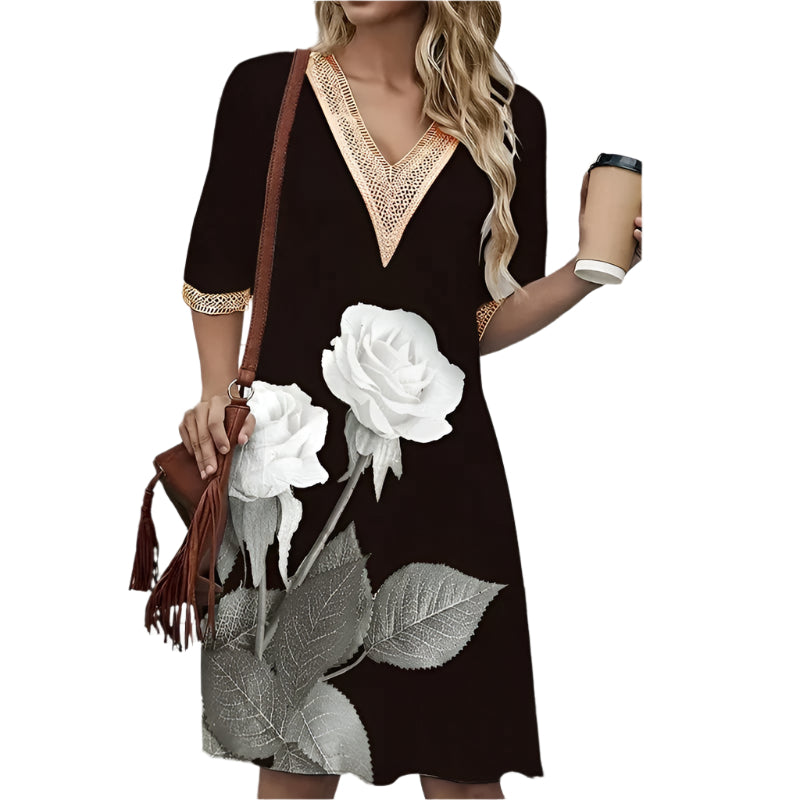 V-ringad tryckt sommarklänning för kvinnor