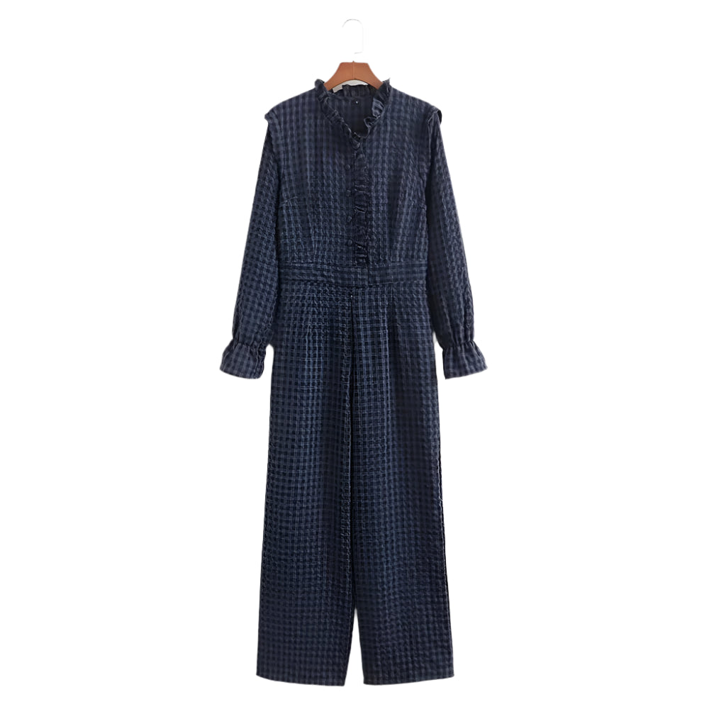 Bubbelärmad rutig jumpsuit för kvinnor