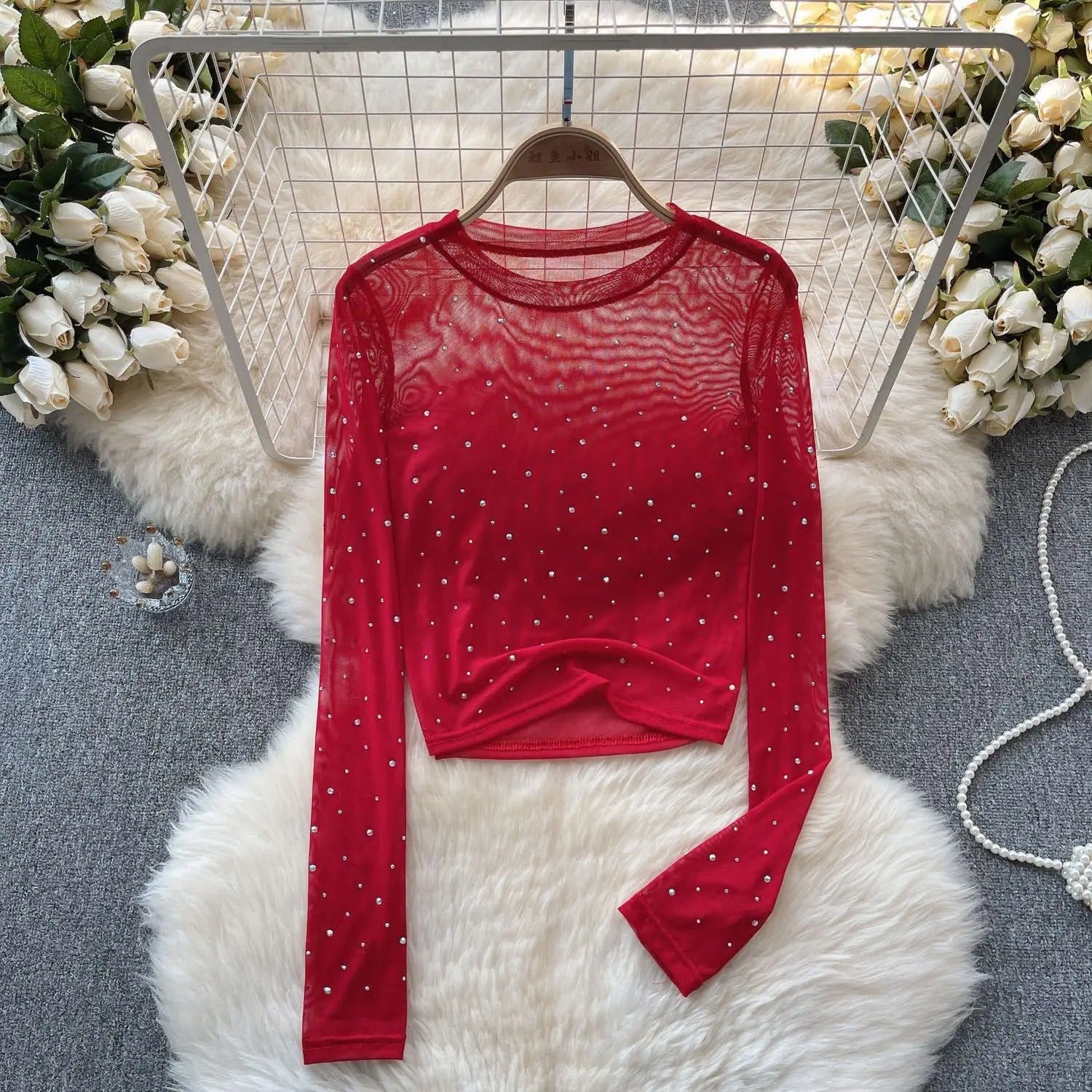 Rhinestone Mesh Långärmad Crop Top för kvinnor