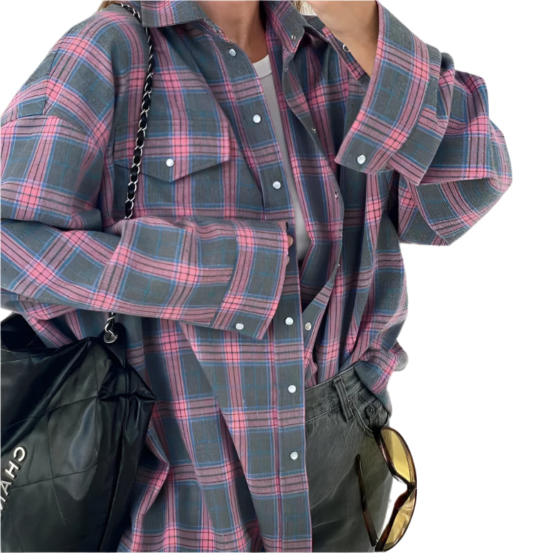 Oversized långärmad rutig skjorta för kvinnor