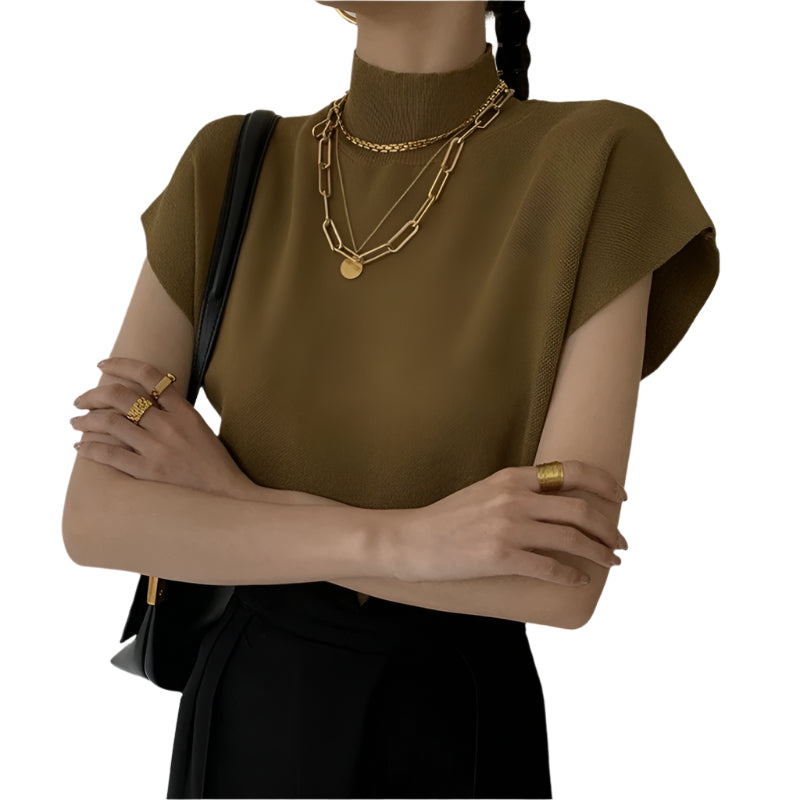 Kortärmad stickad topp med sköldpaddshals för kvinnor