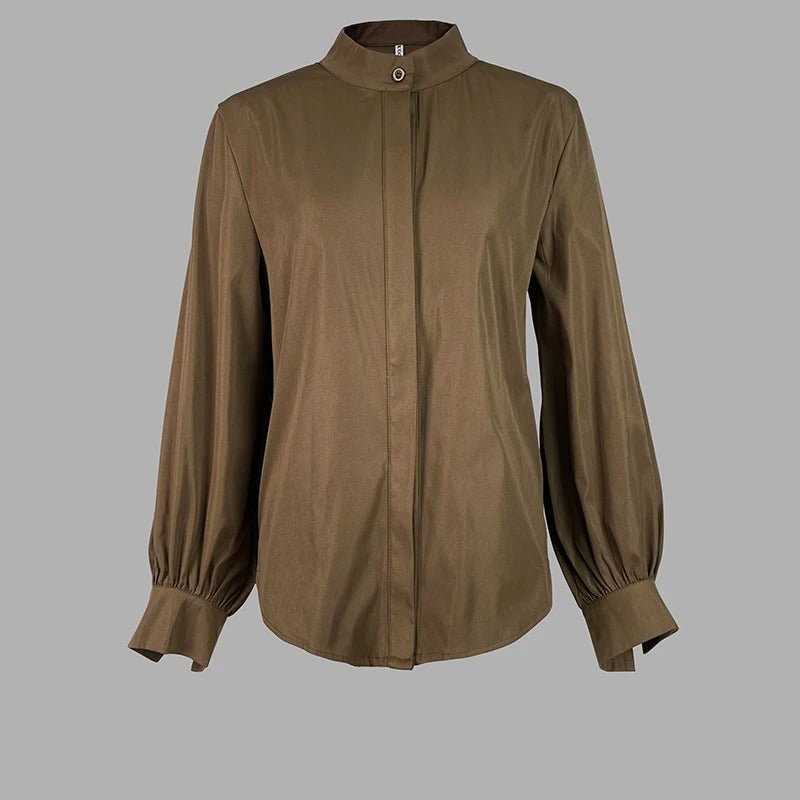 Knäppt blus med puffärm för kvinnor