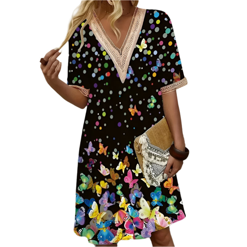 V-ringad tryckt sommarklänning för kvinnor