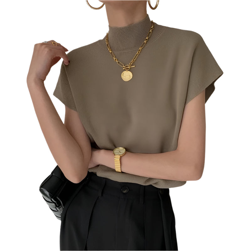 Kortärmad stickad topp med sköldpaddshals för kvinnor