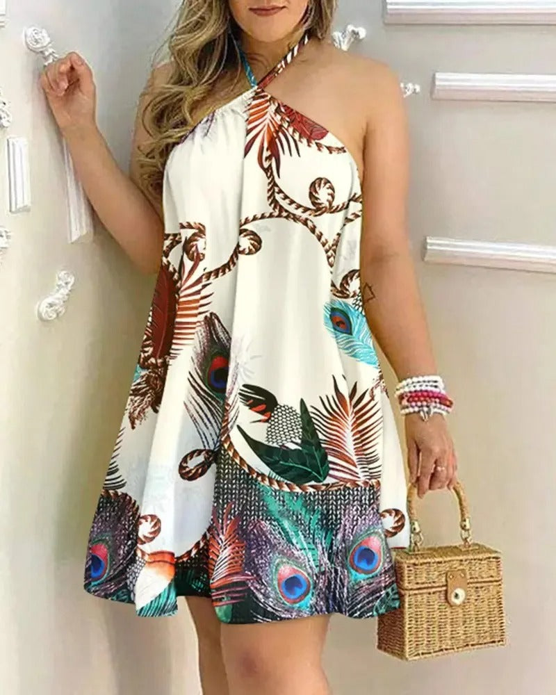 Tropical Print Halter Neck Backless Klänning
