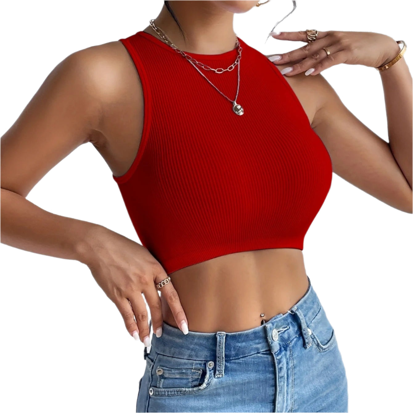 Ribbstickad ärmlös elastisk Crop Top för kvinnor