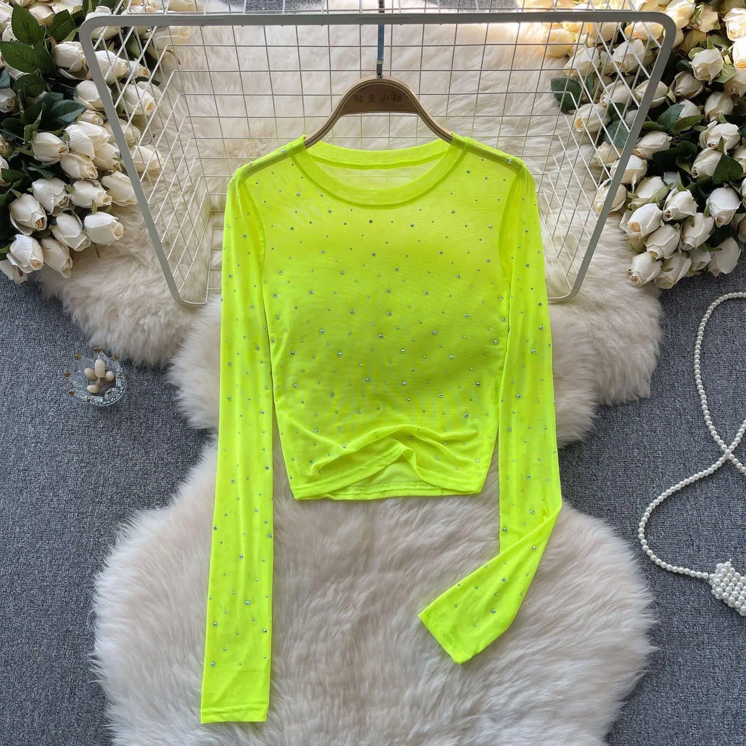 Rhinestone Mesh Långärmad Crop Top för kvinnor