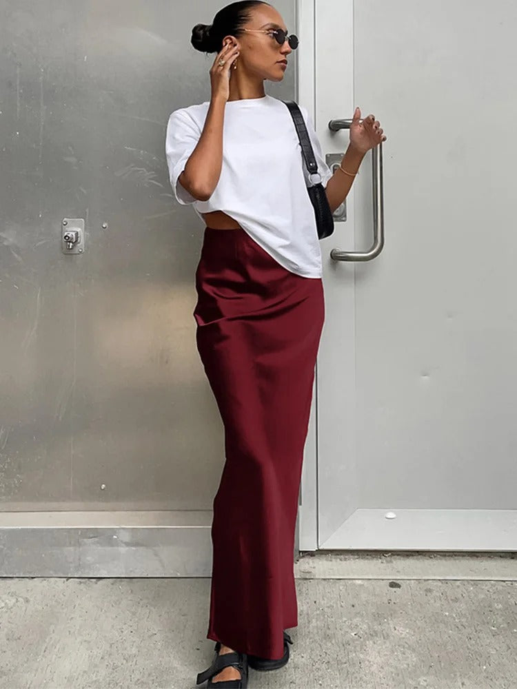 Satinkjol med hög midja för kvinnor