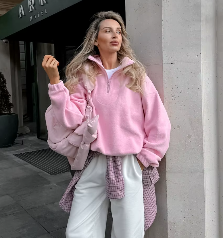 Polar Fleece Pink Pullover med dragkedja för kvinnor