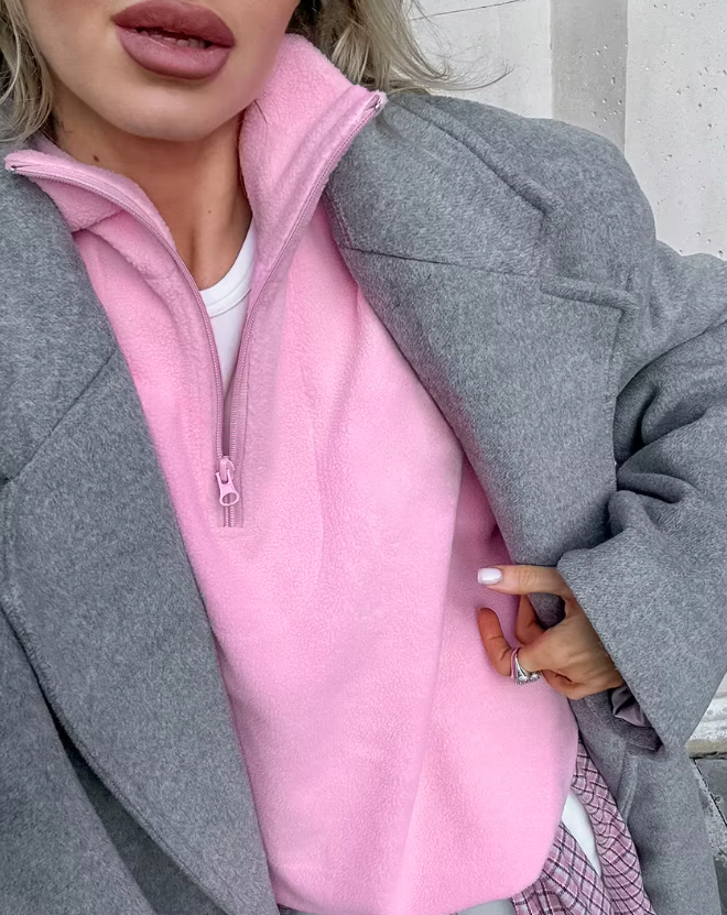 Polar Fleece Pink Pullover med dragkedja för kvinnor