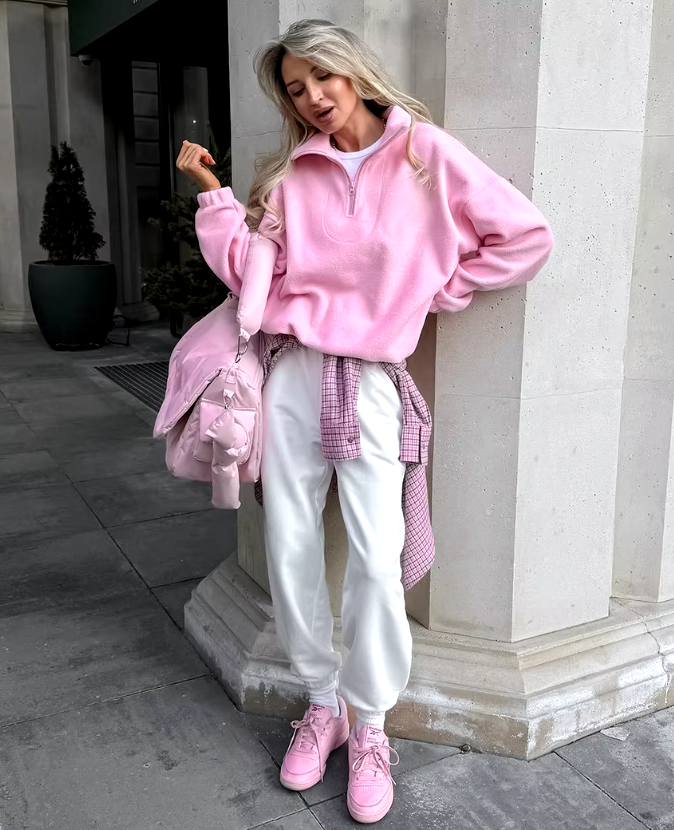 Polar Fleece Pink Pullover med dragkedja för kvinnor