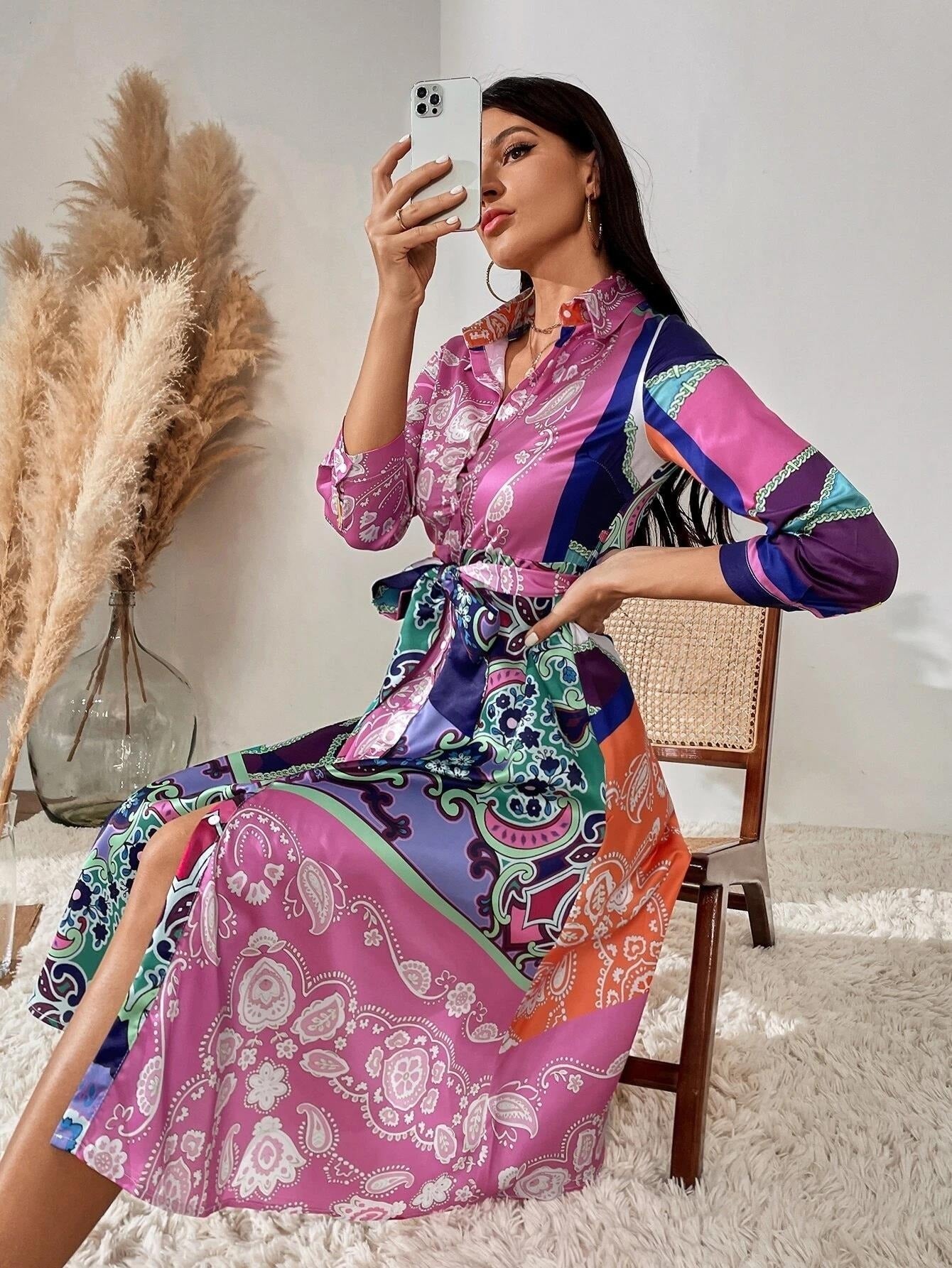 Print Belted skjortklänning med bälte