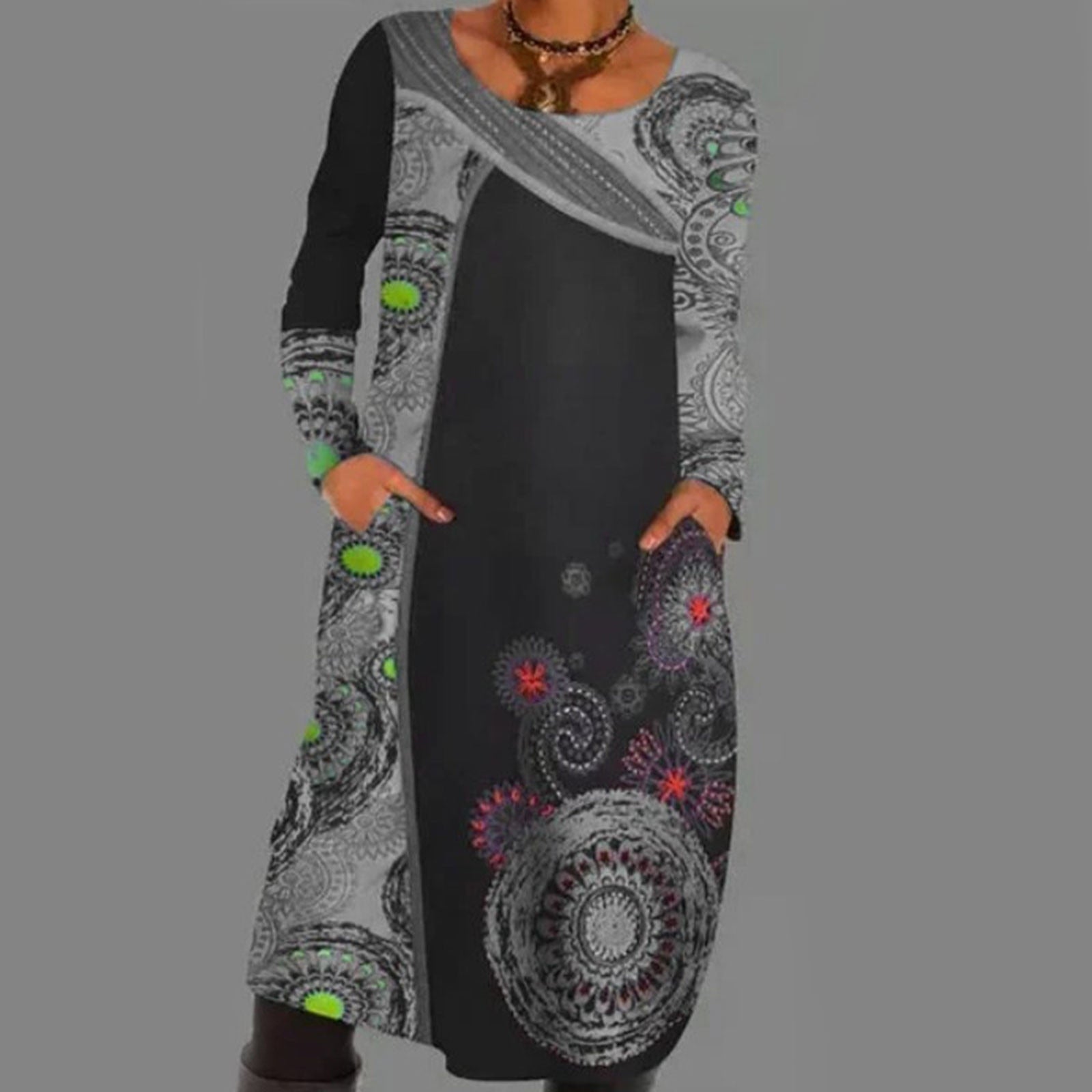 Vintage Print Pullover Klänning Med Fickor