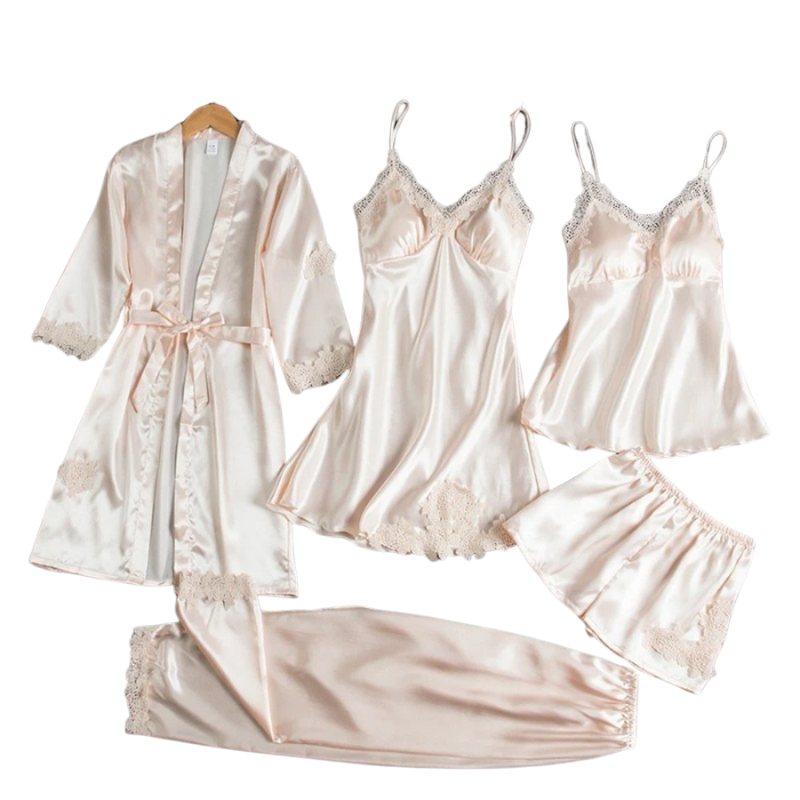 5-i-1 Satin-stil Nattkläder Set | Satin-stil Nattlinne & Pyjamas | Lyxigt Sovplagg Dam 3