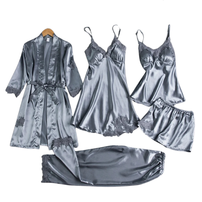 5-i-1 Satin-stil Nattkläder Set | Satin-stil Nattlinne & Pyjamas | Lyxigt Sovplagg Dam 4