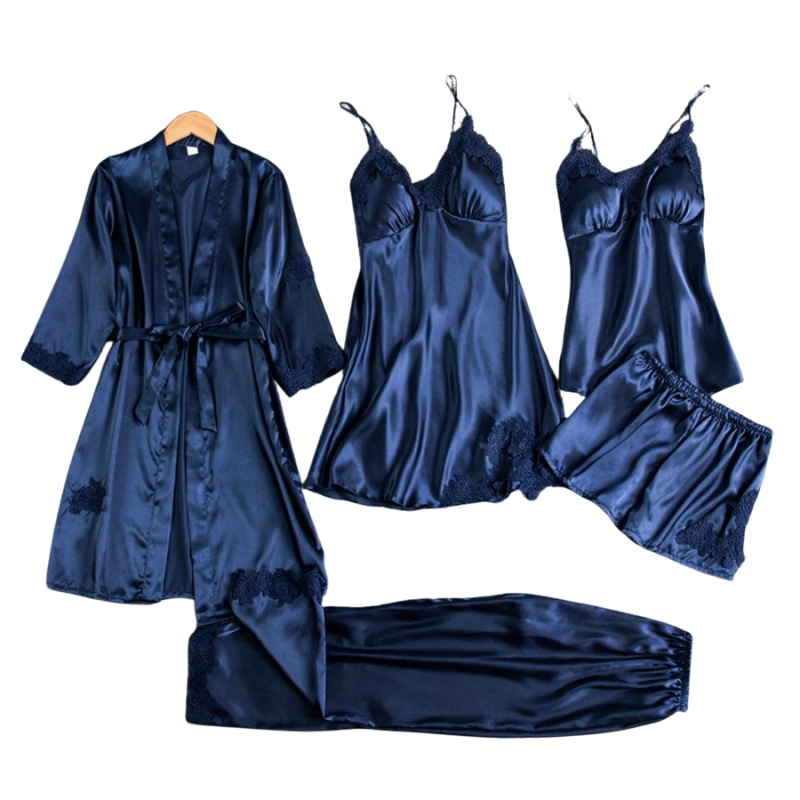 5-i-1 Satin-stil Nattkläder Set | Satin-stil Nattlinne & Pyjamas | Lyxigt Sovplagg Dam 5