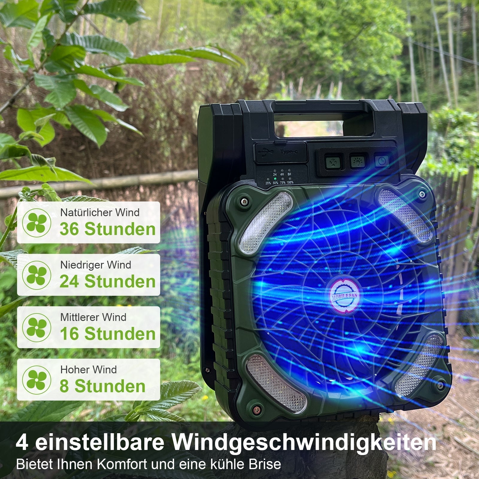 Bärbar Campingfläkt med LED-lampa och Solpanel 3