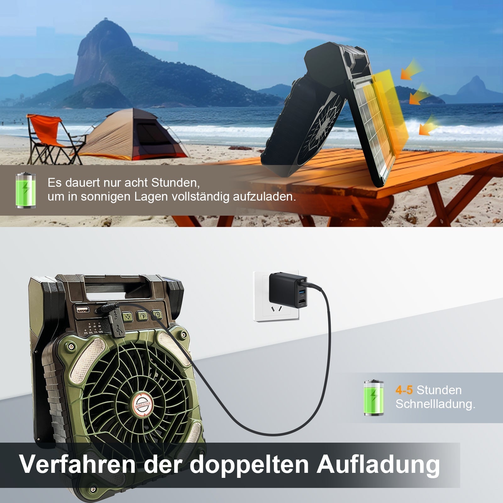 Bärbar Campingfläkt med LED-lampa och Solpanel 7