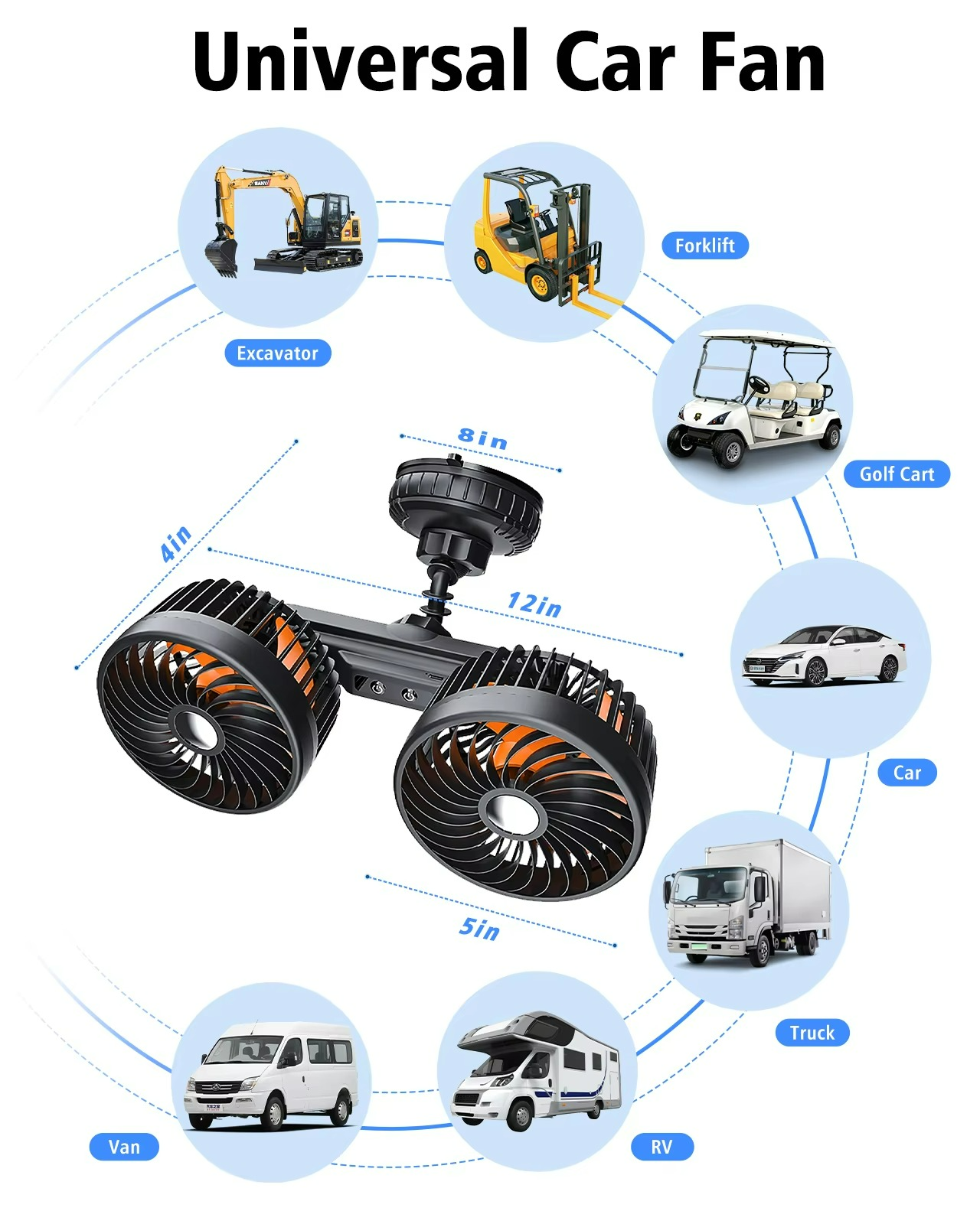 Bilkylfläkt Trådlös med Dubbelhuvud och Justerbara Hastighetsinställningar 8