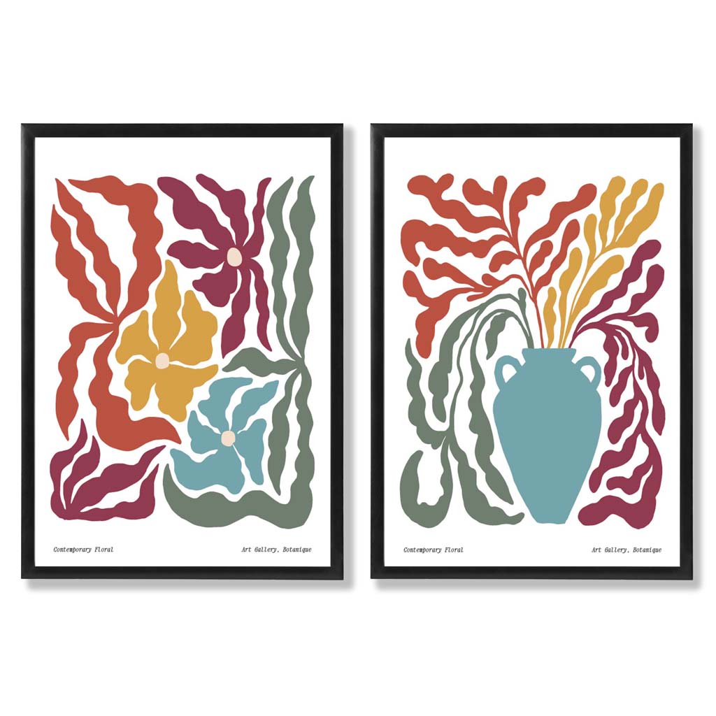 Boho Blomtryck Set för Heminredning, 2 Konsttryck med Färgglada Mönster och Inramning 0