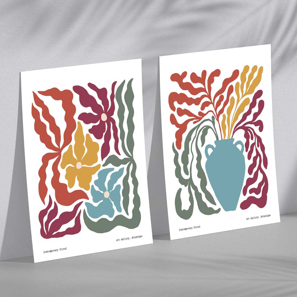 Boho Blomtryck Set för Heminredning, 2 Konsttryck med Färgglada Mönster och Inramning 1