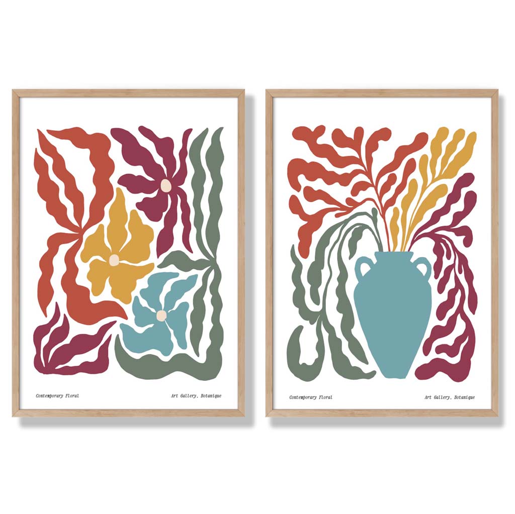 Boho Blomtryck Set för Heminredning, 2 Konsttryck med Färgglada Mönster och Inramning 6