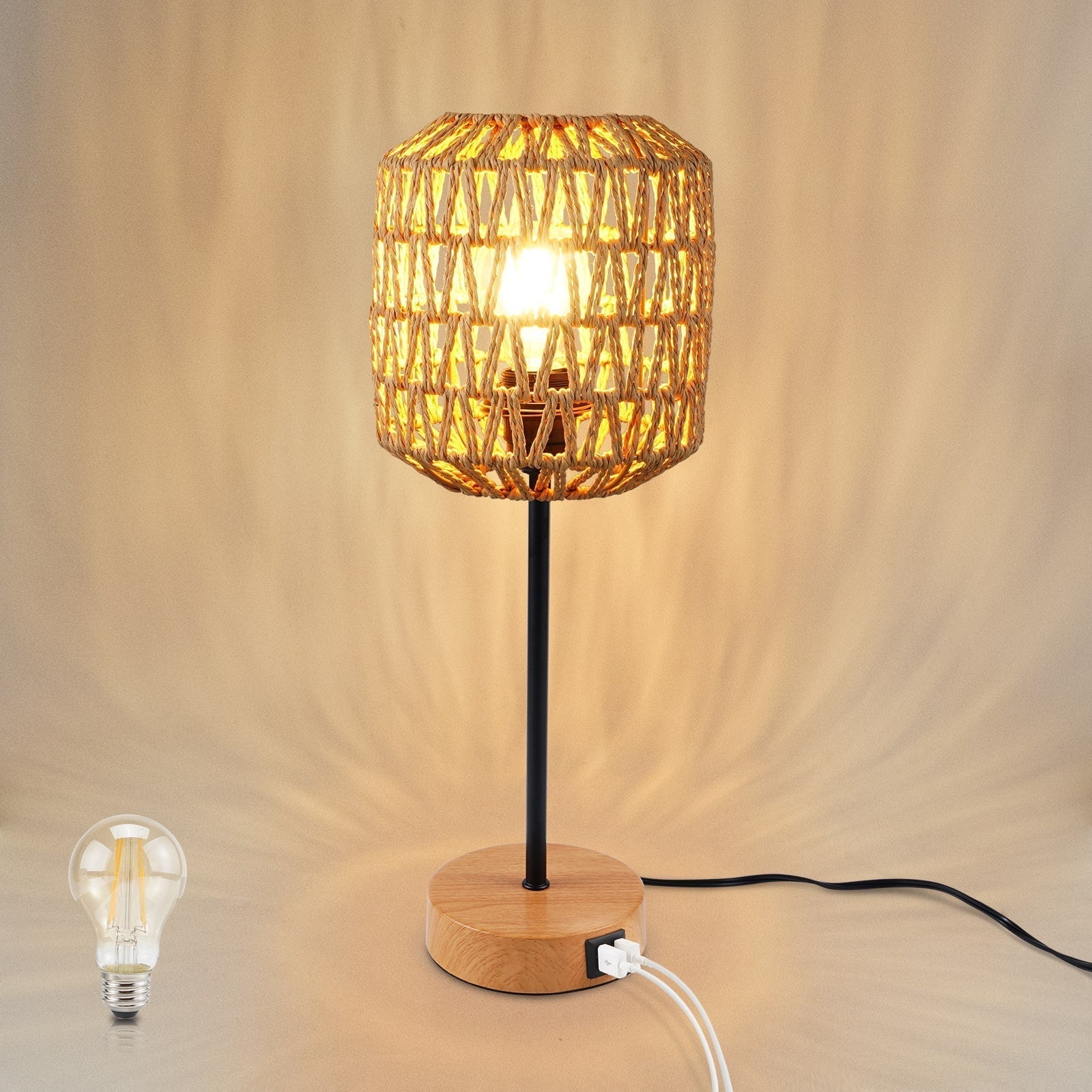 Bordslampa i Boho Stil med Dimmer och USB-port 0
