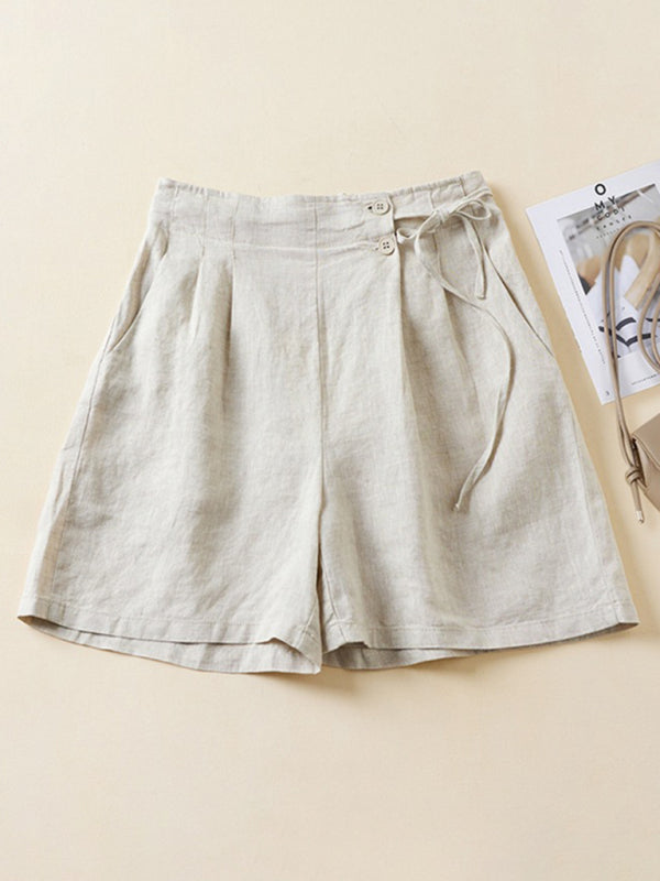 Dam Baggy Shorts Retro Vävd Bomull Linne 5