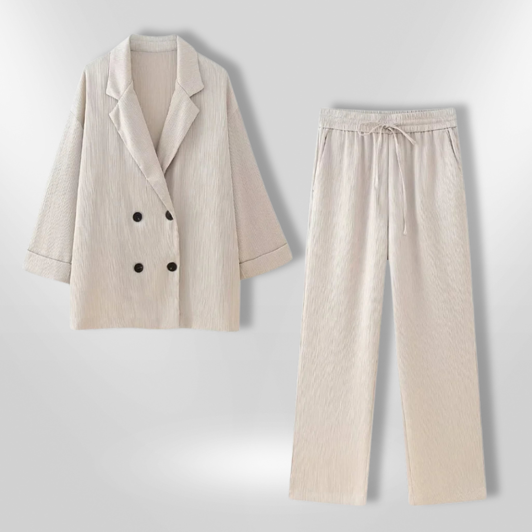 Dam Blazer Set Avslappnad Vida Byxor Texturerad Tygblandning 2